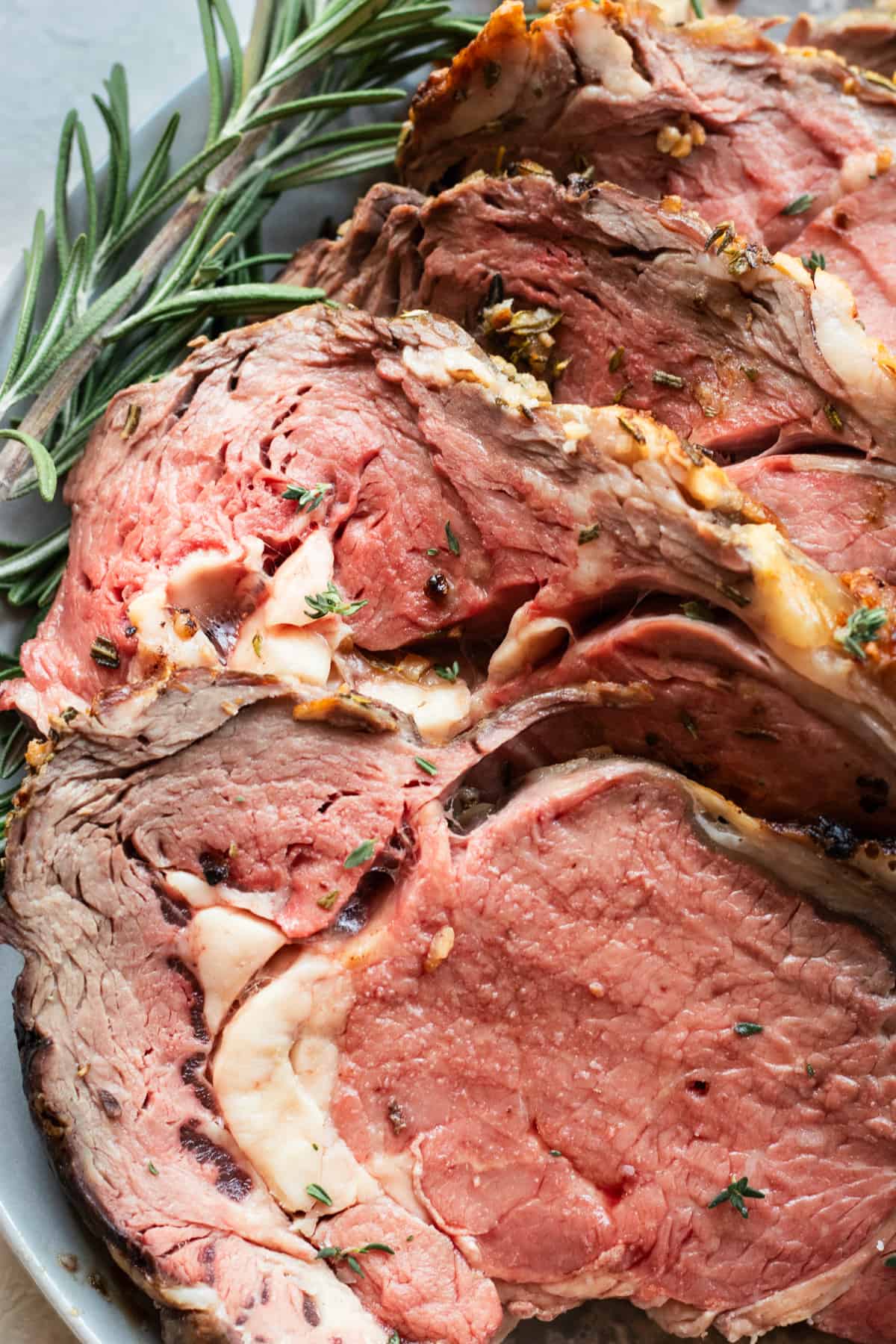 Sliced prime rib served for a special occasion meal.