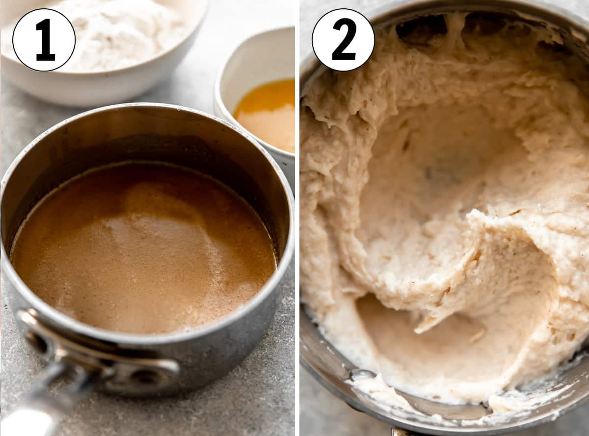 How to make homemade churros from scratch, showing heating the ingredients in a pot, then mixing the dough together. 
