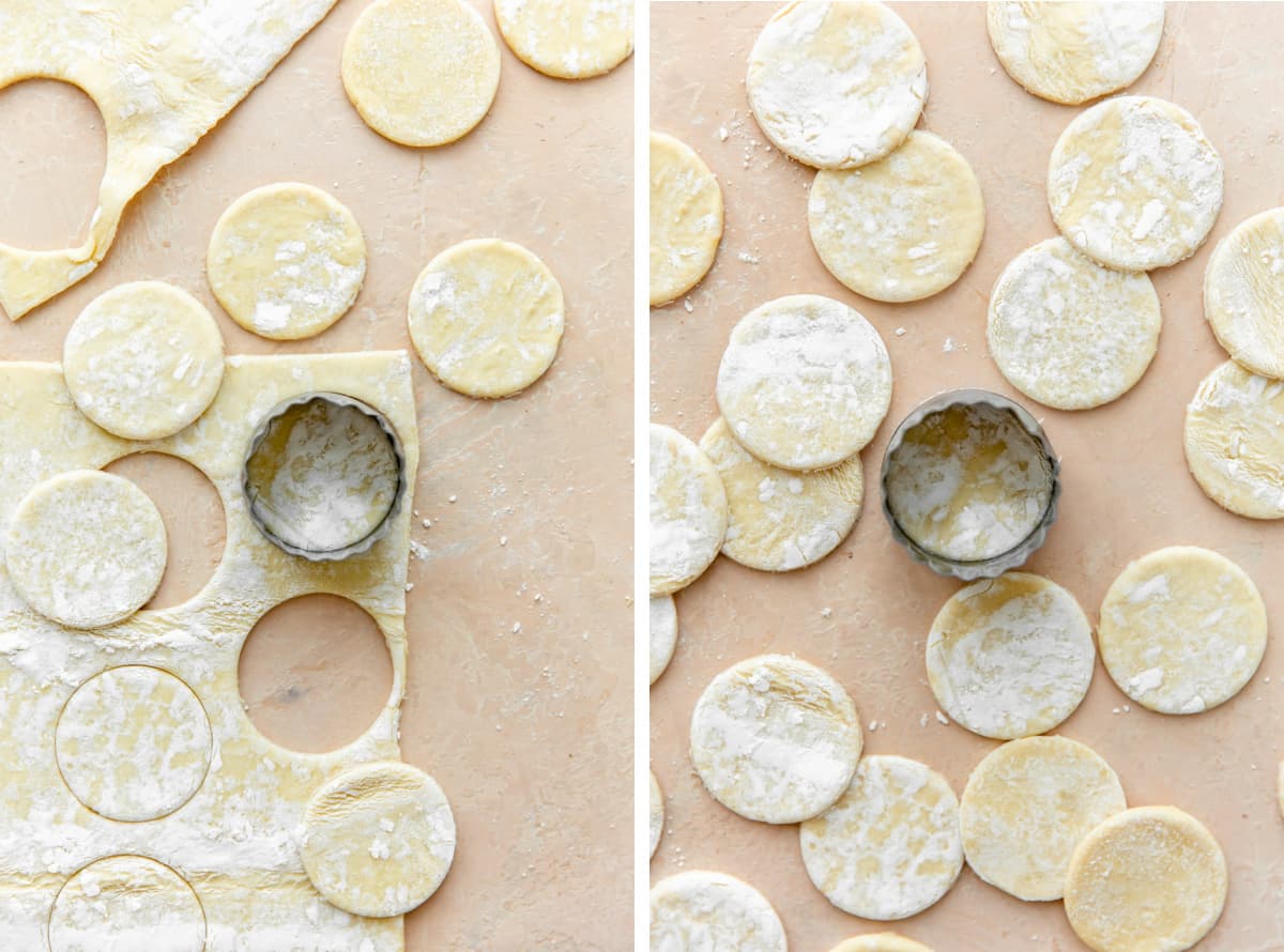 Biscuit cutter cutting out circles of puff pastry.