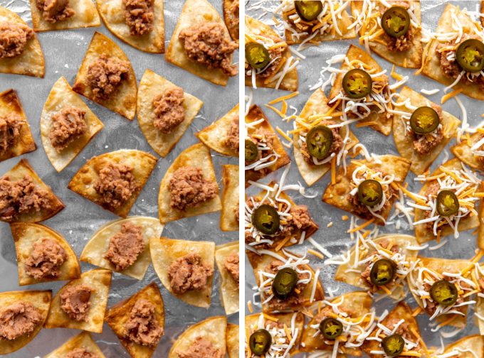 How to make Texas Nachos, showing chips layered with refried beans, shredded cheese and pickled jalapeños before baking.