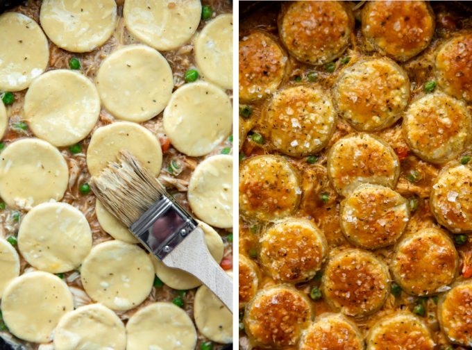 Collage, die eine Bürste zeigt, die eine Eiwäsche auf Blätterteig und nach dem Backen macht.