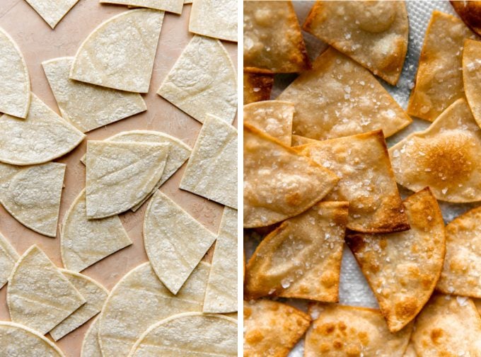 Corn tortillas cut into chips and then after being baked and sprinkled with some salt to make nachos.