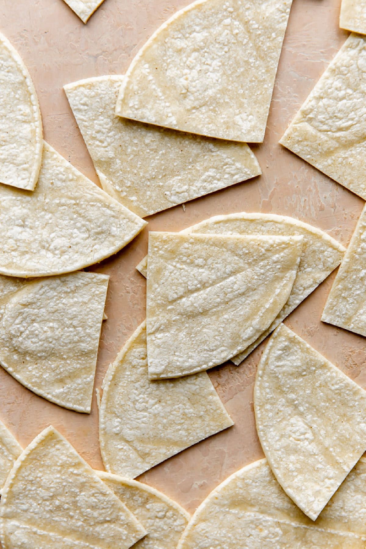 Sliced corn tortillas spread out.