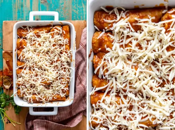 Baking dish filled with enchiladas topped with shredded jack cheese.