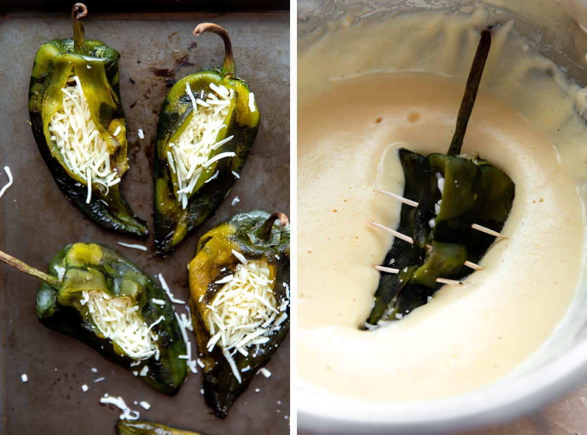 Poblano peppers stuffed with cheese and then closed with toothpicks and dipped into a fluffy egg batter.