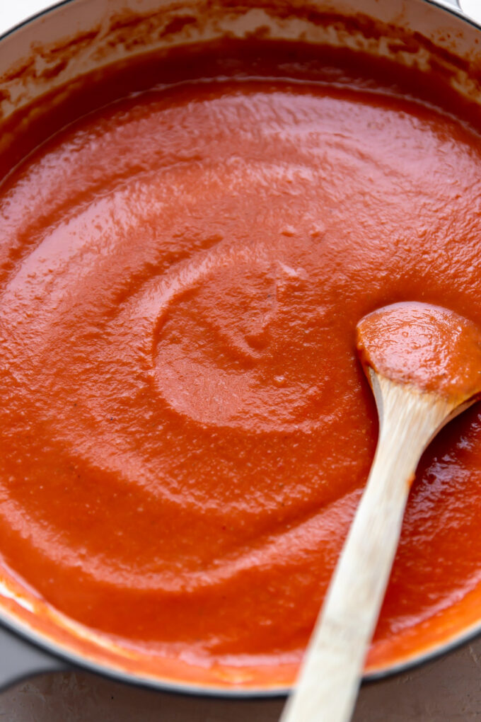 Red Sauce in a skillet to be served with Chile Rellenos. 