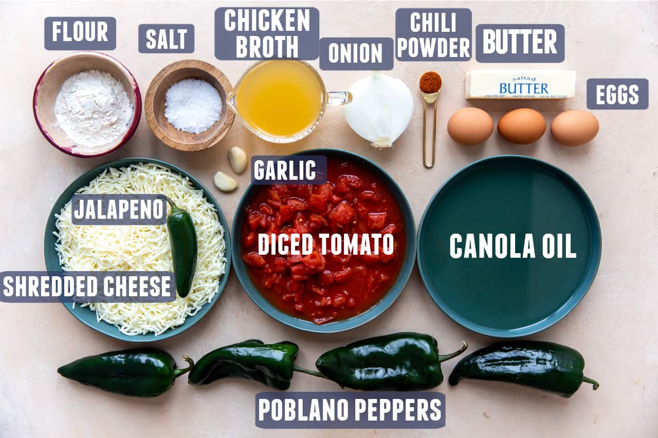 Ingredients needed for Chile Rellenos and red sauce laid out on a counter