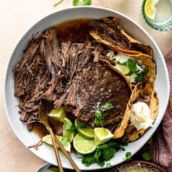 Bowl filled with shredded Mexican brisket and corn tortillas for making tacos.