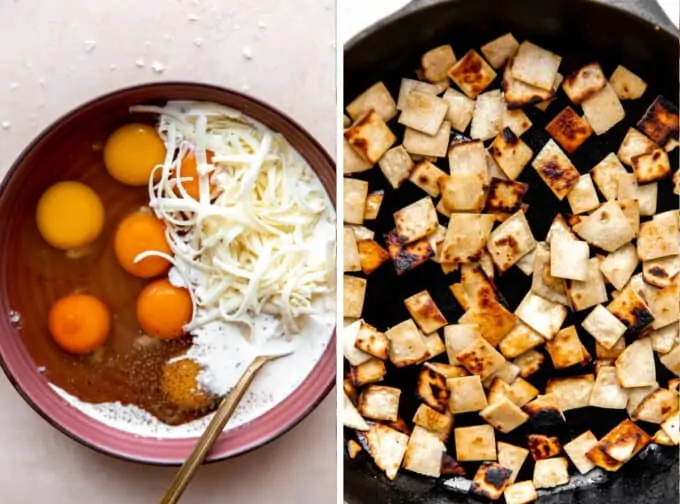Collage showing eggs with cream and salt and pepper in a bowl. And tortillas that have been cut and fried in a skillet.