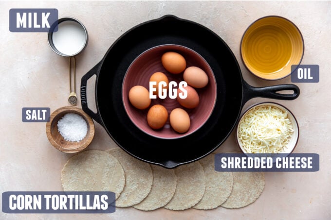 Ingredients needed to make Migas laid out on the counter. 