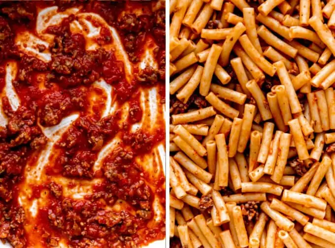Step by step Baked Ziti Photos, showing spreading sauce and meat mixture in bottom of dish and layering noodles coated with sauce. 