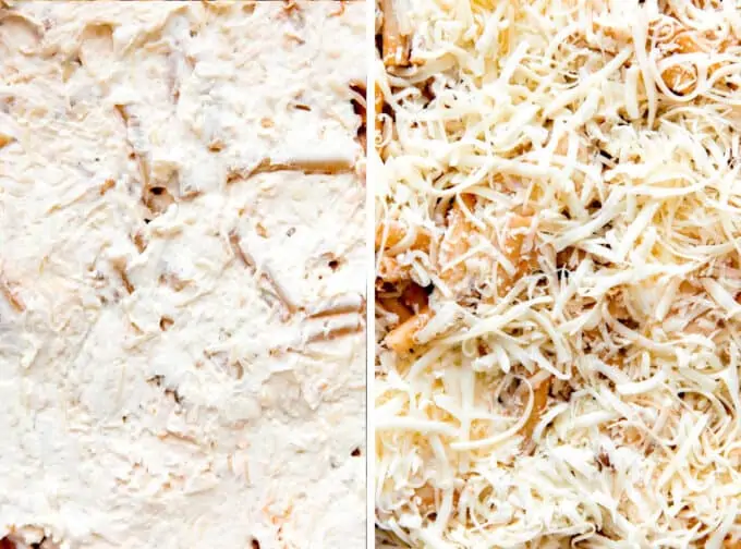 Step by Step how to make baked ziti photos showing spreading cheese mixture over noodles and then topping with shredded cheese. 