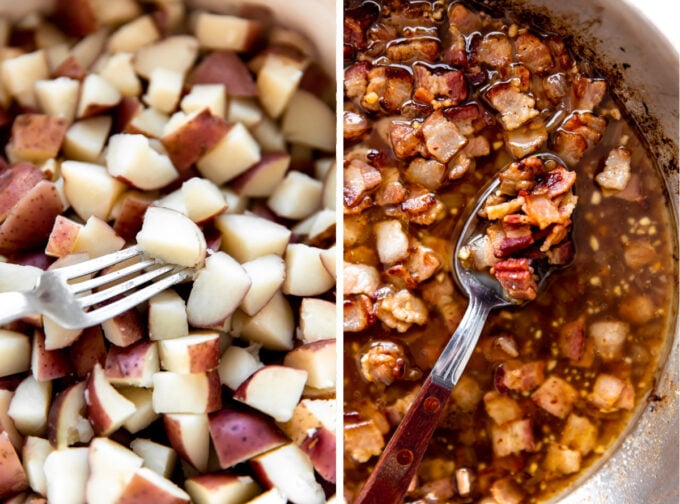 Collage showing red potatoes chopped for making salad and cooked bacon being spooned out of bacon grease.