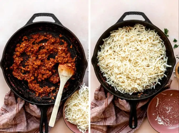 Skillet filled with chorizo and then topped with shredded cheese.