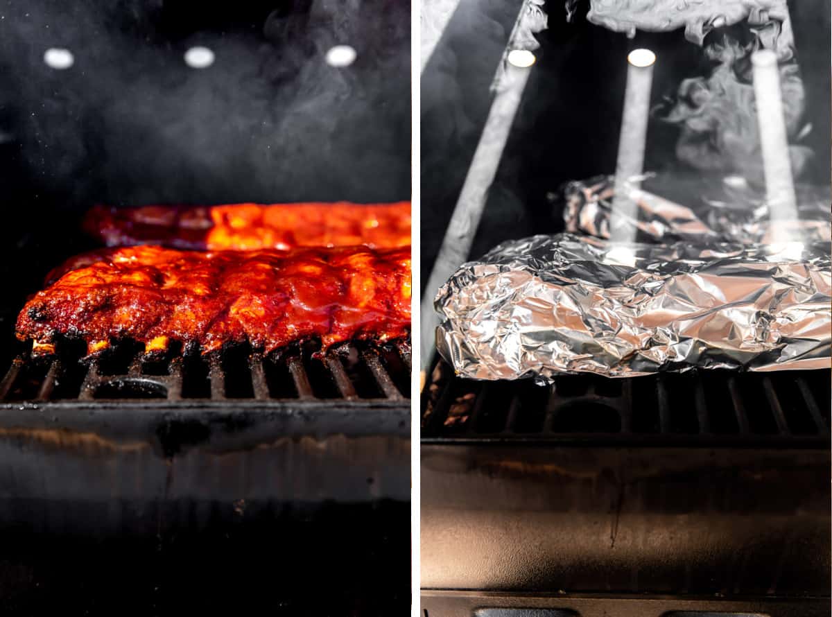 Collage showing ribs on a smoker and then wrapped in foil. 
