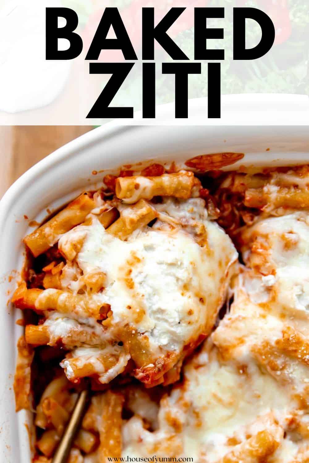 Baked ziti with text.