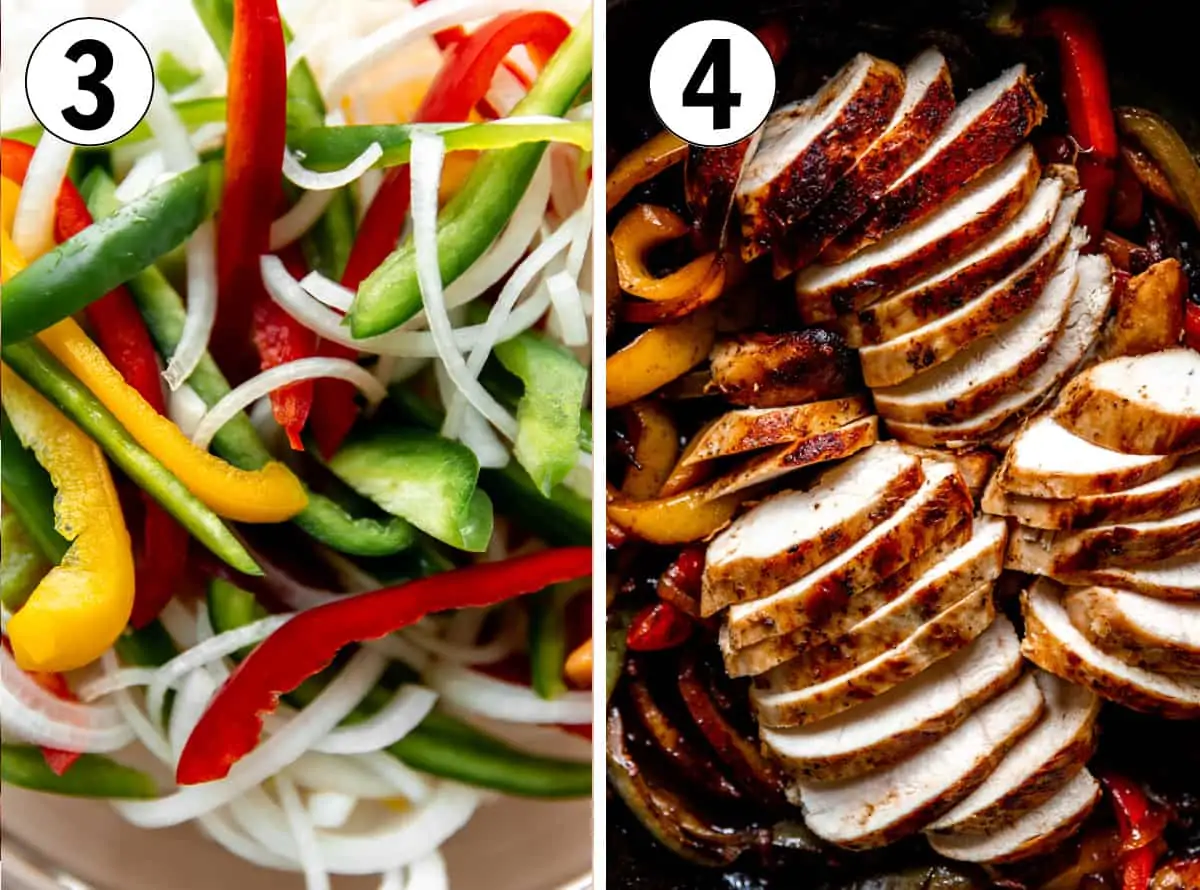 How to make chicken fajitas, showing sliced bell peppers and onion and sliced cooked chicken.