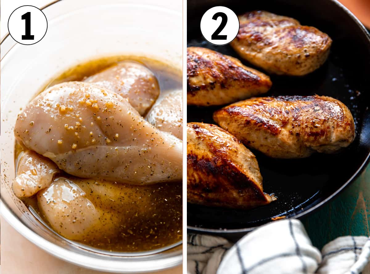 Step by step how to make chicken fajitas, showing raw chicken being marinated, and then cooked in a skillet. 