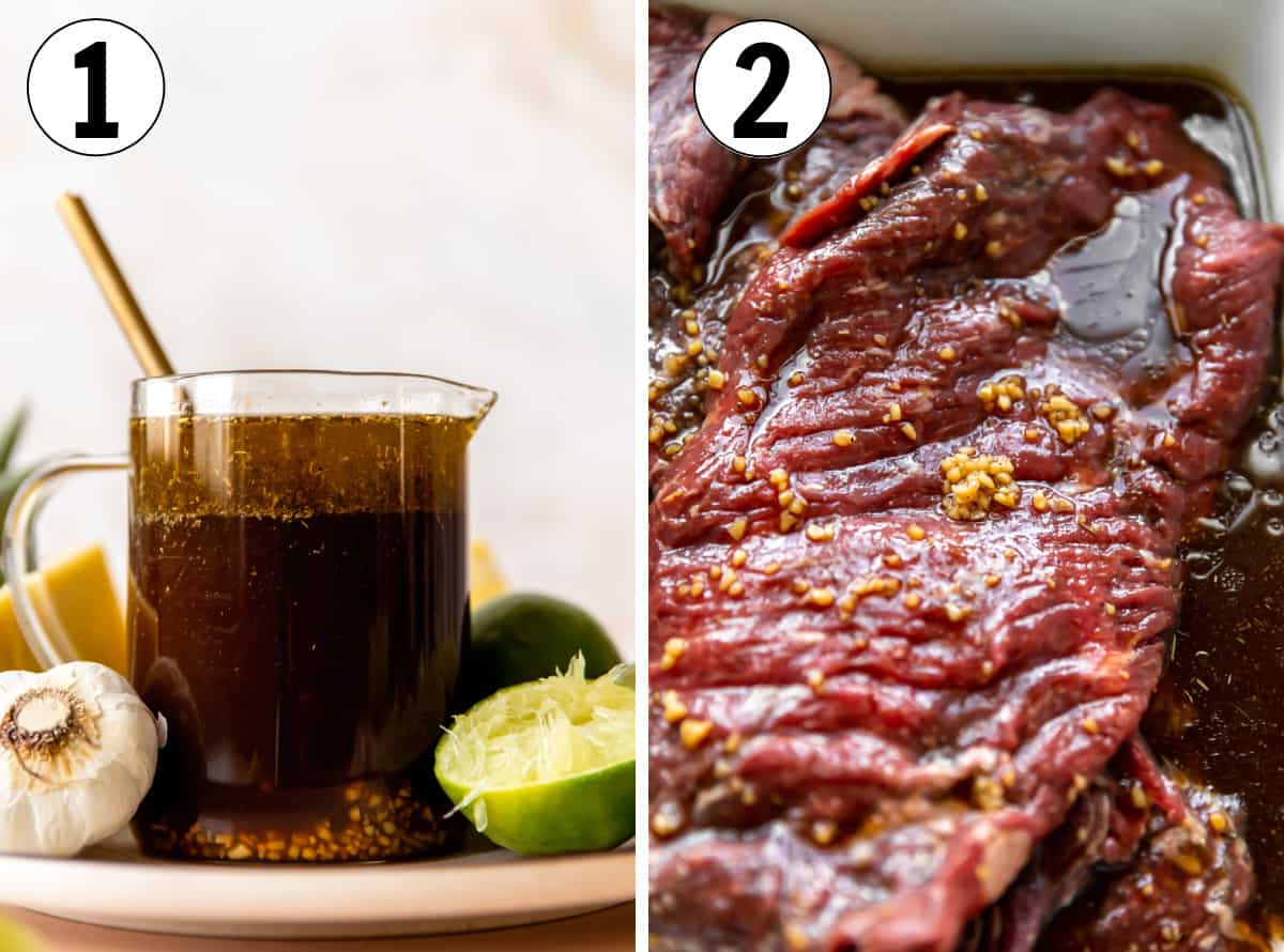 Collage images showing homemade fajita marinade, then flank steak being marinated in a large dish.