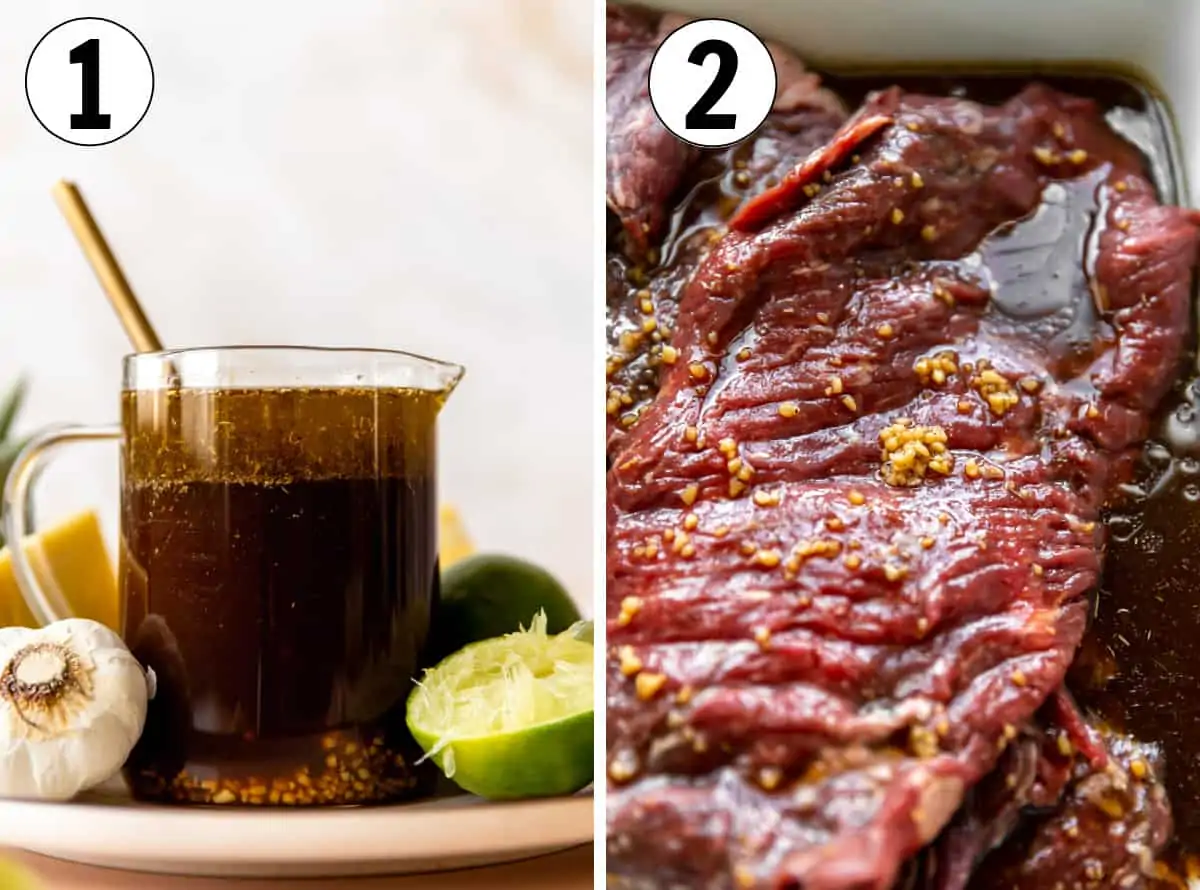 Collage images showing homemade fajita marinade, then flank steak being marinated in a large dish. 