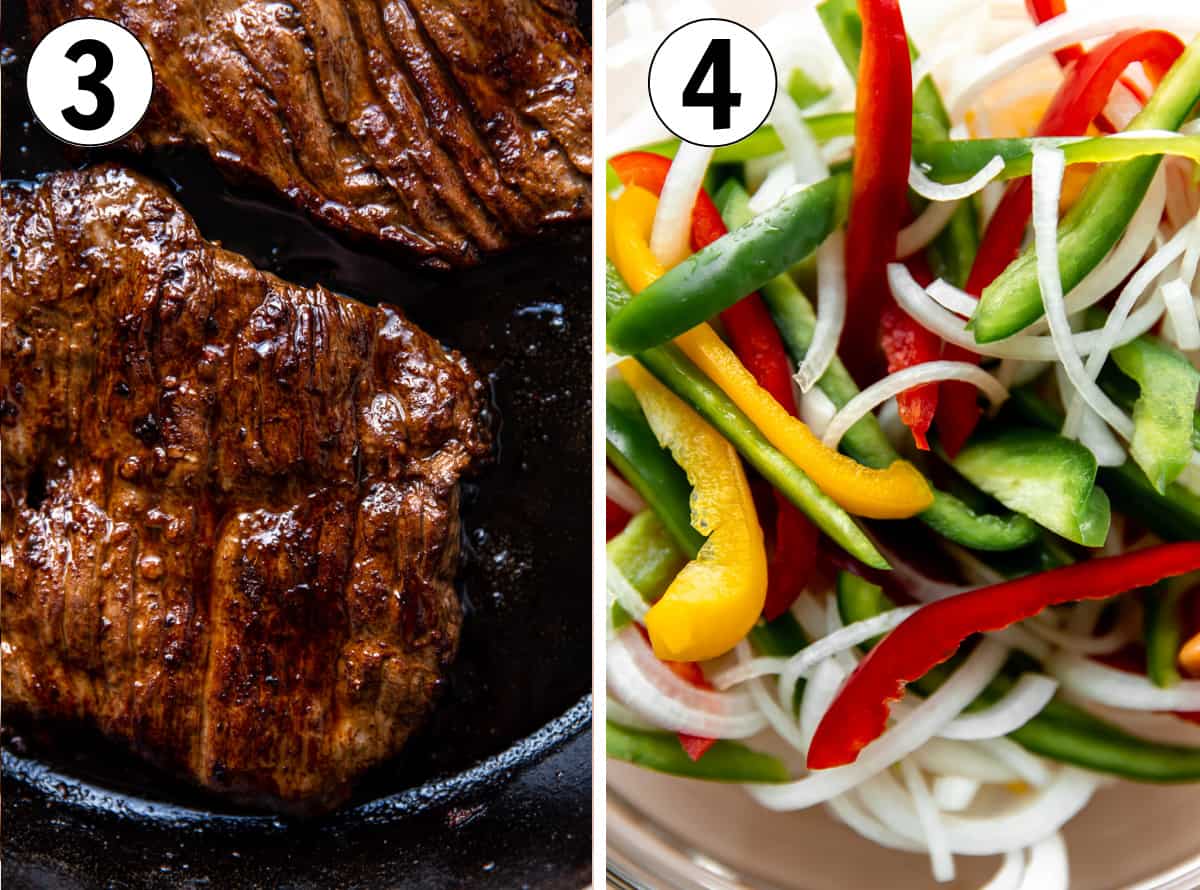 Collage showing grilled skirt steak and sliced vegetables for fajitas.