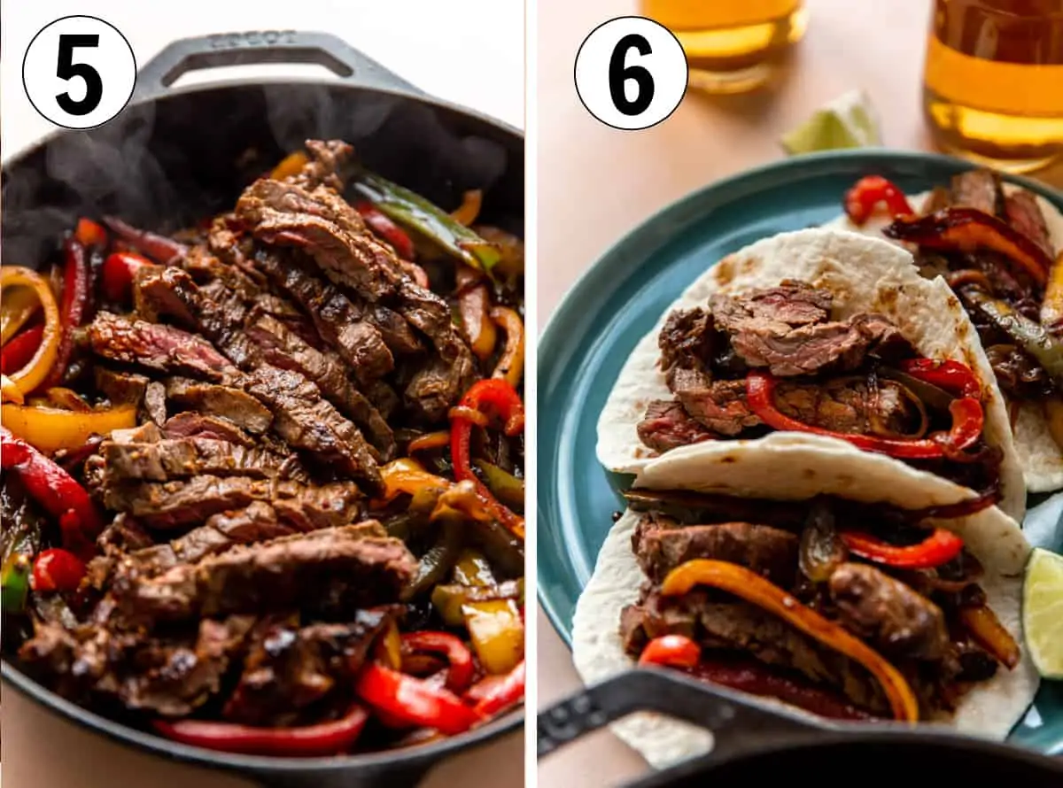 Steak meat sliced in a cast iron skillet and fajitas served on flour tortillas. 