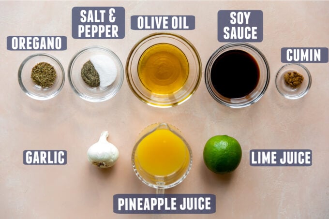 Ingredients needed for fajita marinade laid out on the counter