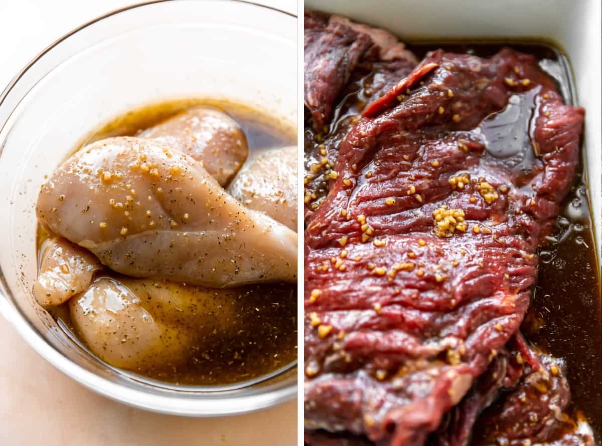Collage showing chicken and flank steak being marinaded.