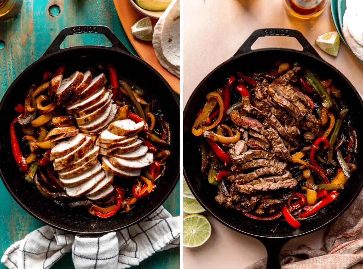 Collage showing skillets filled with chicken and steak fajitas with grilled bell peppers and onions.