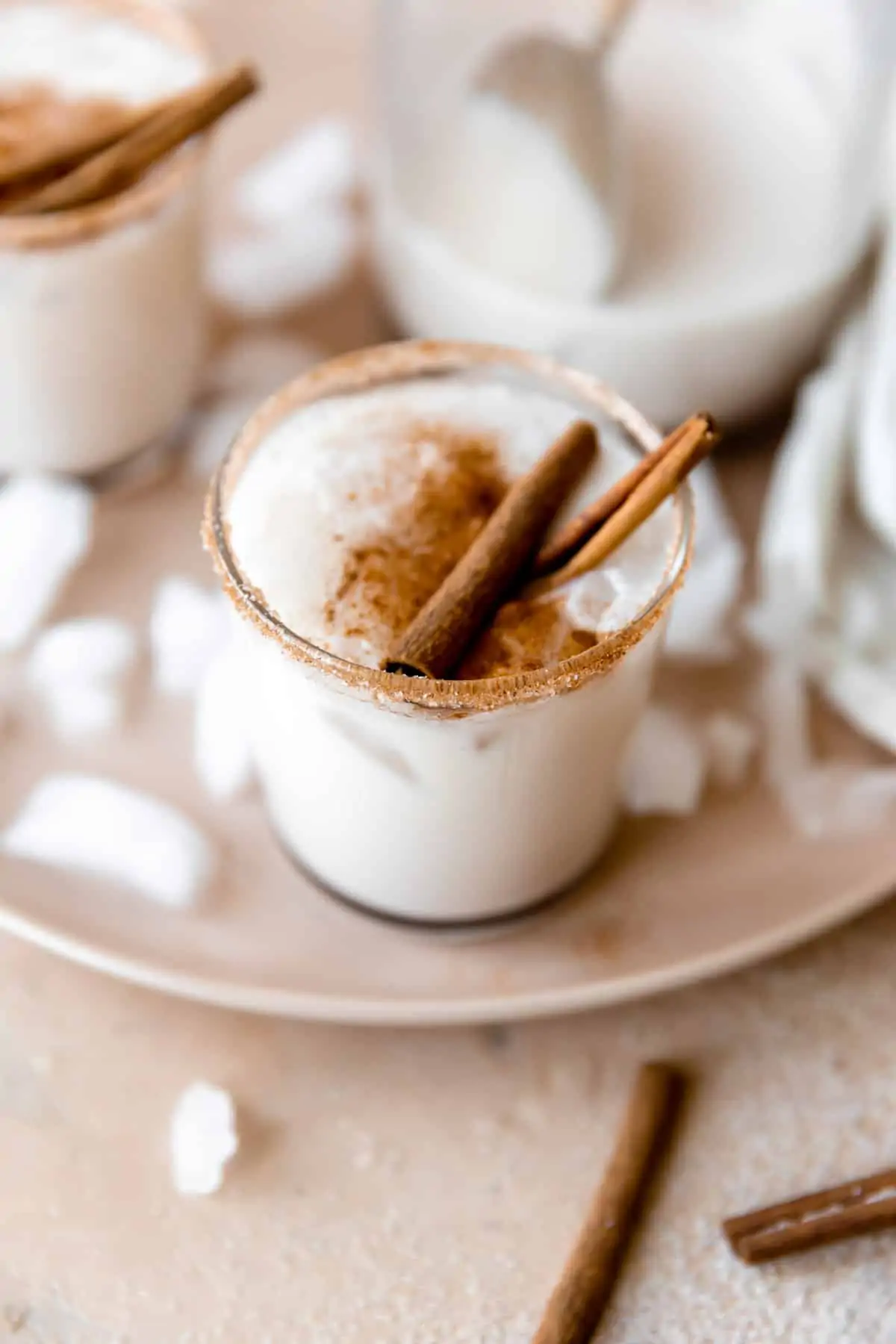 Glass rimmed with cinnamon and filled with cold and creamy homemade horchata, served with cinnamon sticks.