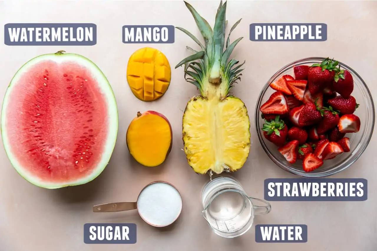 Ingredients needed for making agua fresca laid out on the counter. 