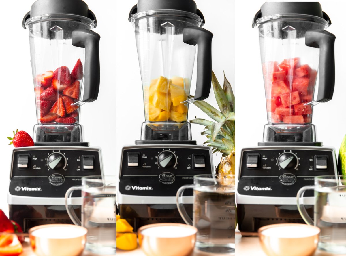 Collage of 3 blenders showing blending strawberries, mango, and watermelon agua fresca. 