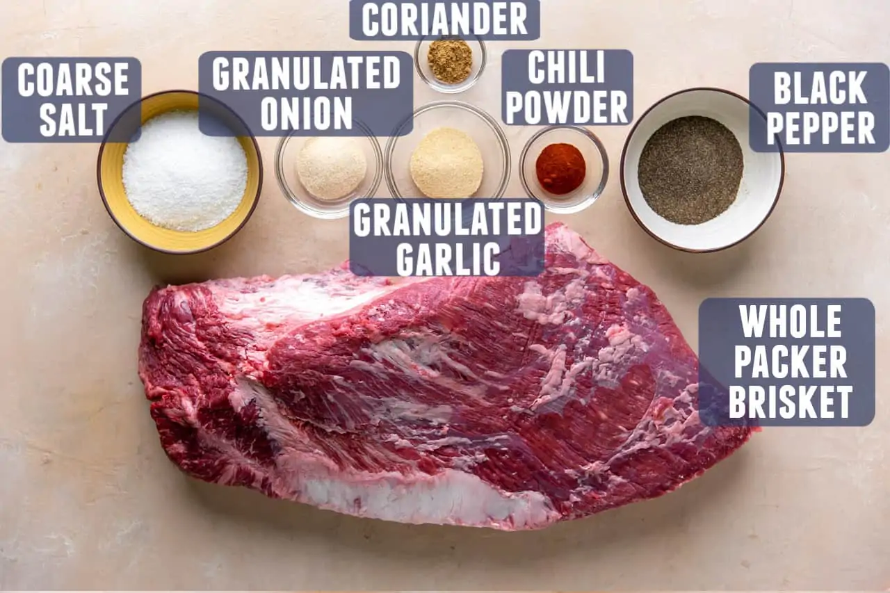 Ingredients needed for smoking a brisket laid out on the counter.