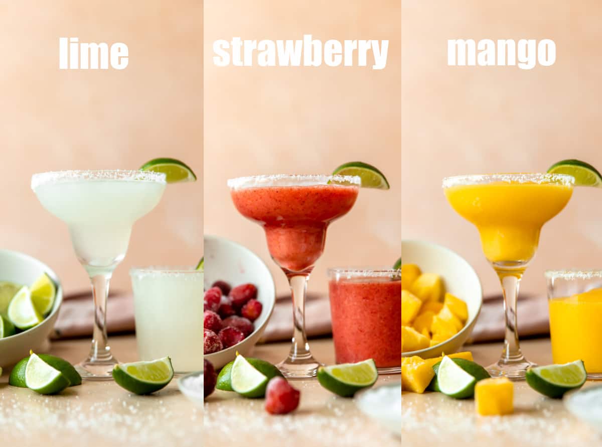 A line up of frozen margaritas, made with lime, strawberry and mango.