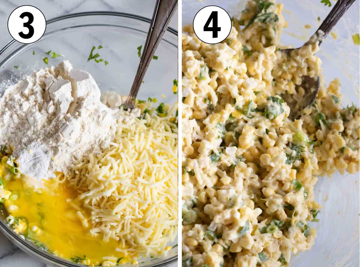 Collage showing dry ingredients, shredded cheese and eggs being added to corn, then after batter is mixed.