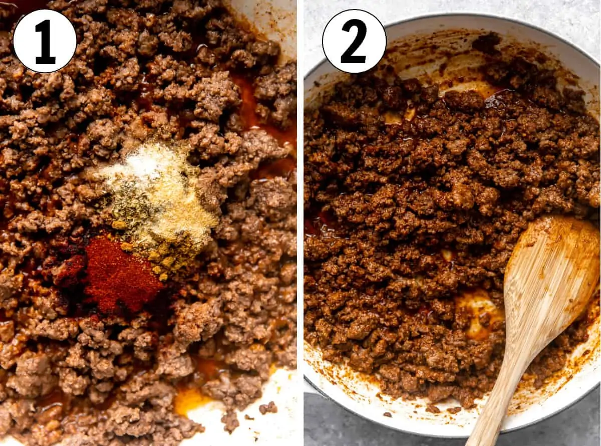 Step by step how to make ground beef taco meat showing ground beef in a skillet, cooked, adding seasoning, then cooking with tomato sauce.