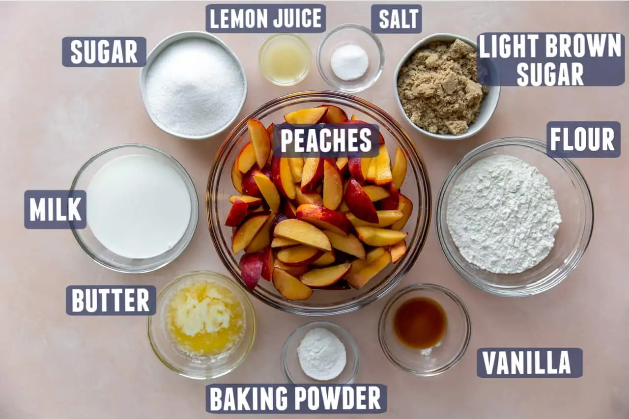 Ingredients needed for peach cobbler laid on the counter. 