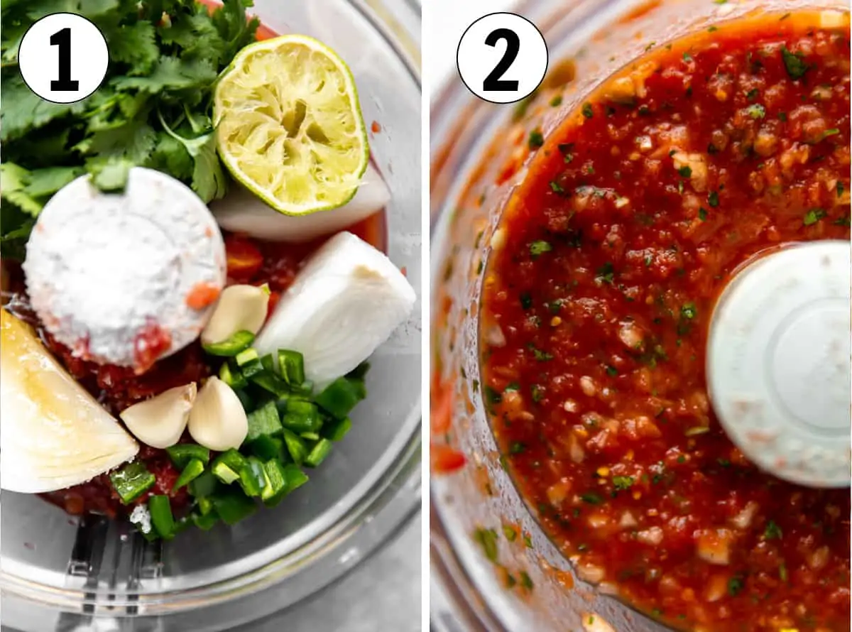 How to make salsa showing ingredients in a processor and then blended together.