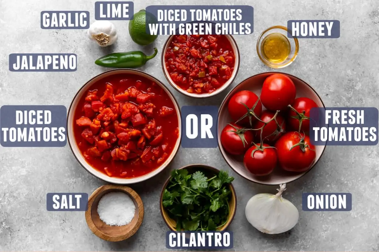 Ingredients needed to make salsa laid out on the counter. 