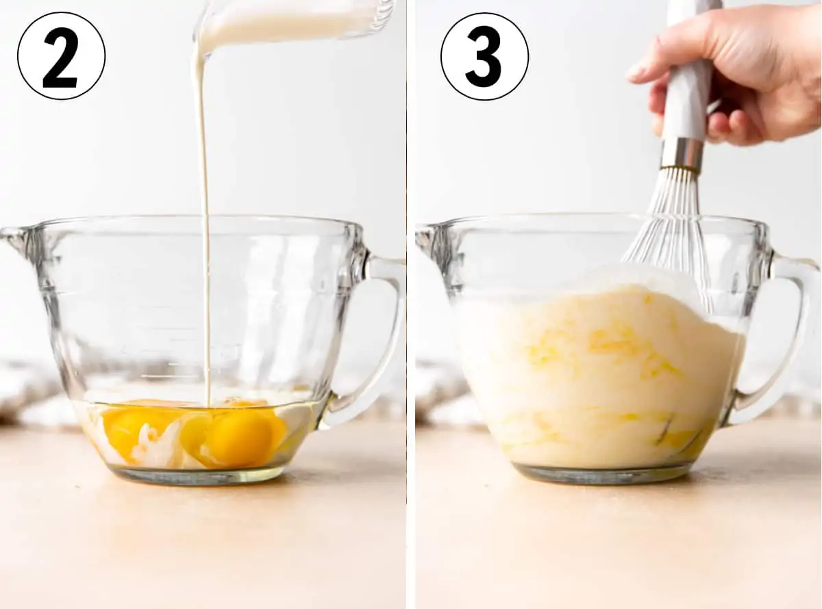 Collage showing how to measure out eggs and milk into a large measuring cup.  