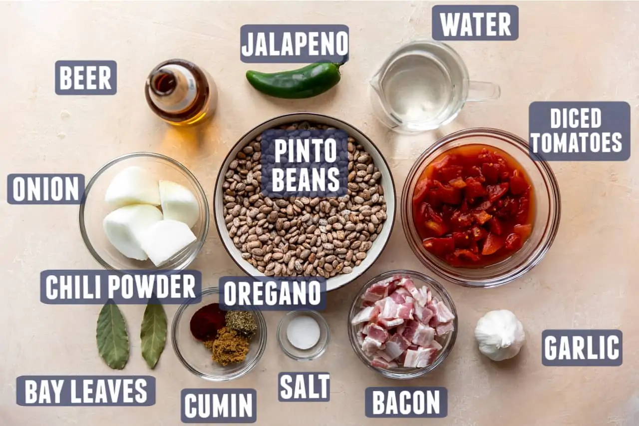 Ingredients needed to make Borracho Beans laid out on the counter.