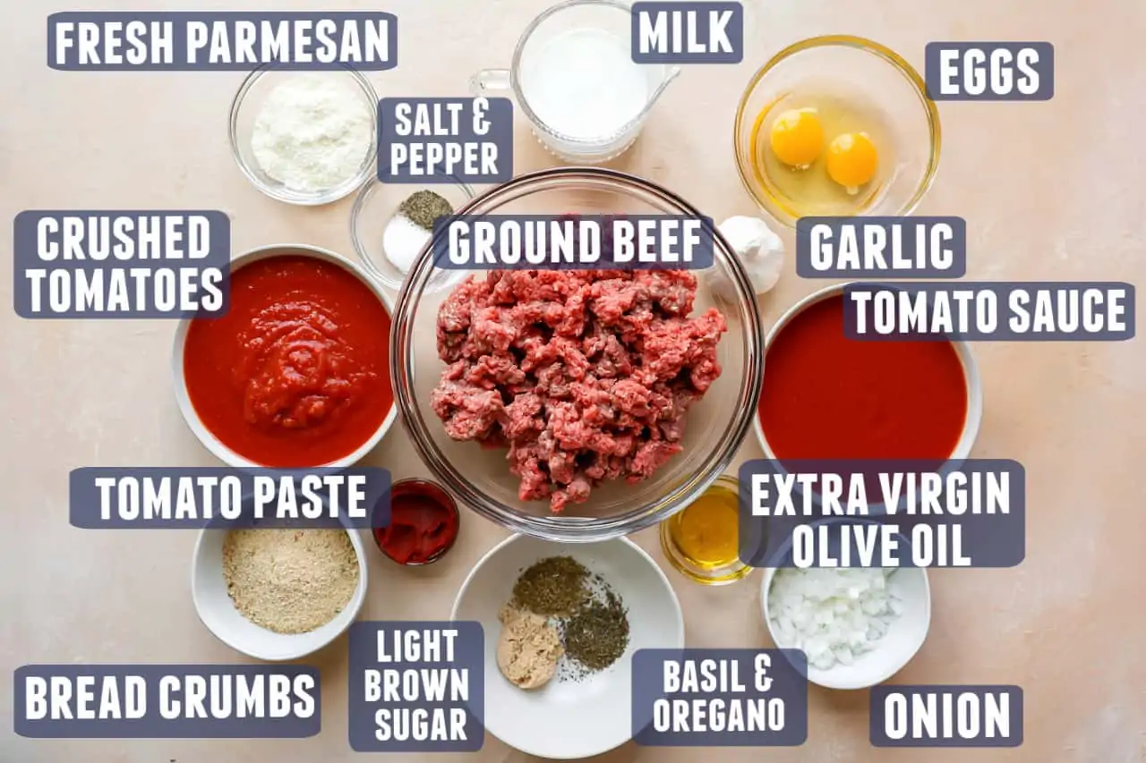 Ingredients needed to make easy meatballs in sauce laid out on the counter.