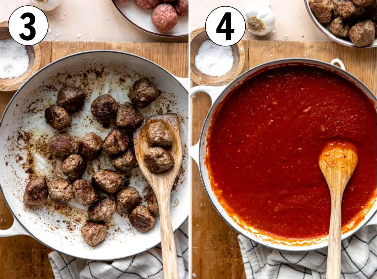 collage showing searing meatballs in a skillet then making a marinara sauce to simmer them in. 