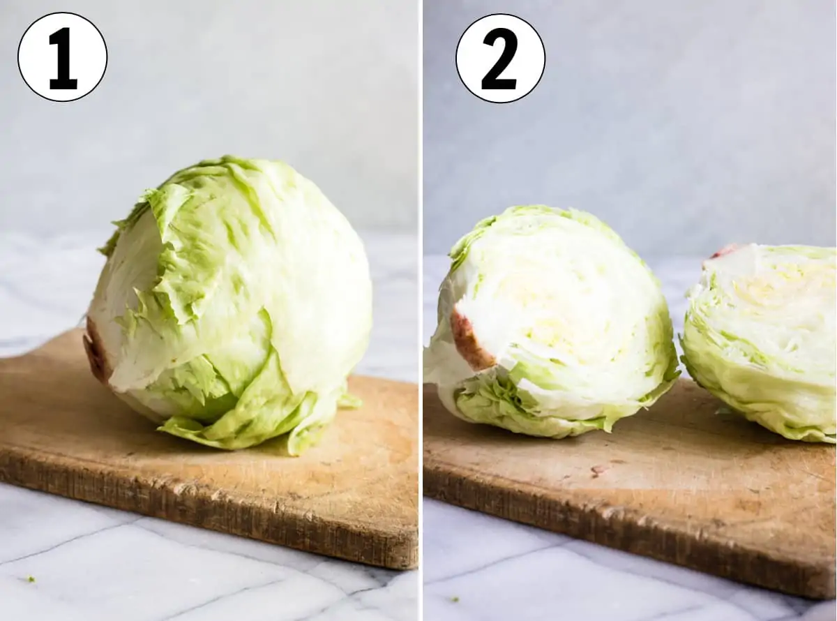 Step by step showing how to cut iceberg lettuce to make a wedge salad. Shows cutting a head of lettuce in half. 