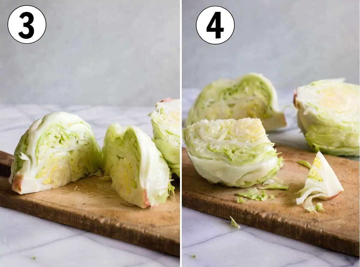 Showing cutting half a head of lettuce into quarters, then cutting off the stem. 