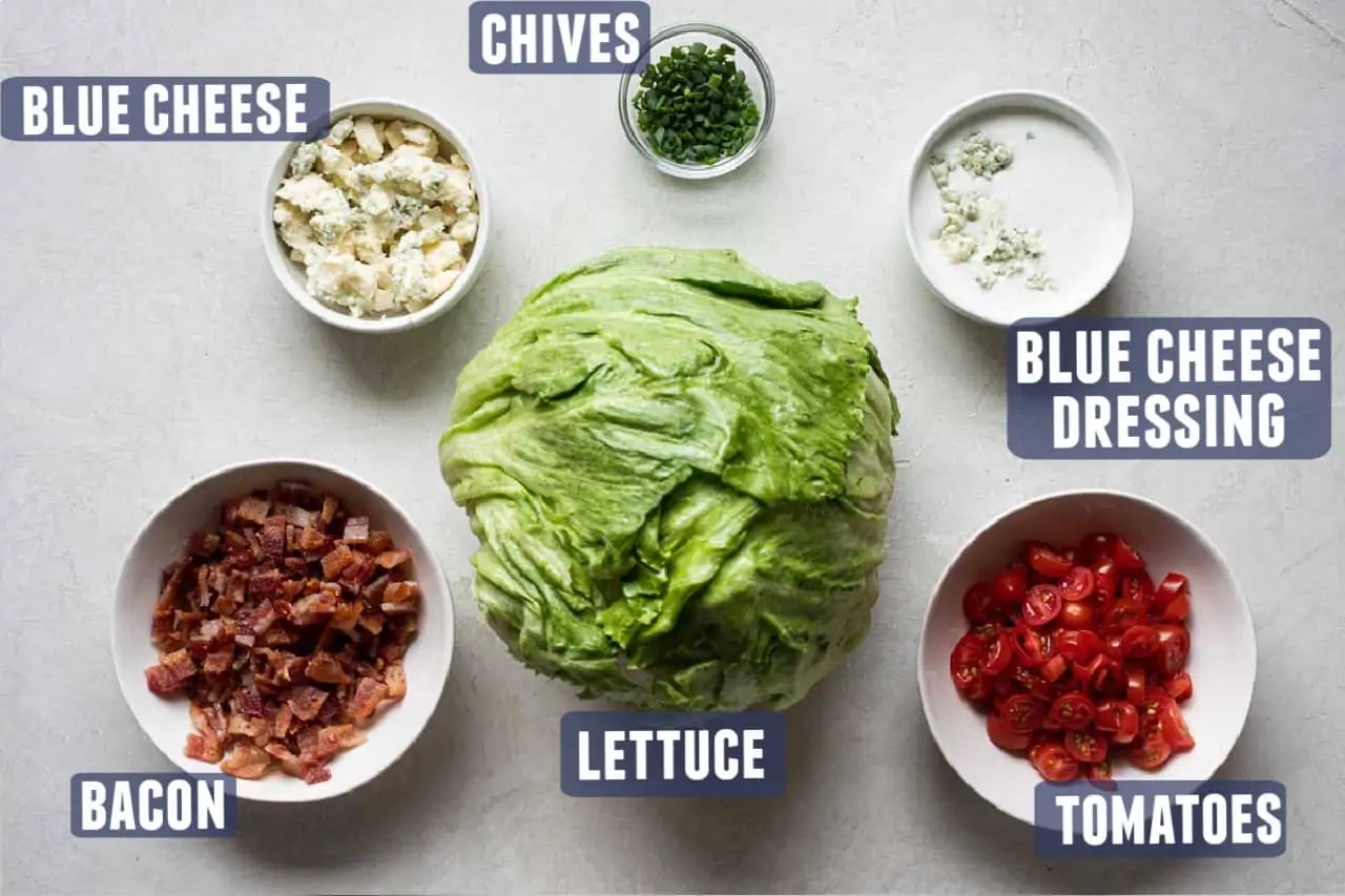 Ingredients Needed for making a wedge salad laid out on the counter.