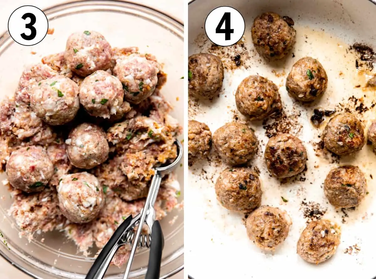 Step by step how to make bacon meatballs showing meat being scooped out and formed into round balls and cooked in skillet.