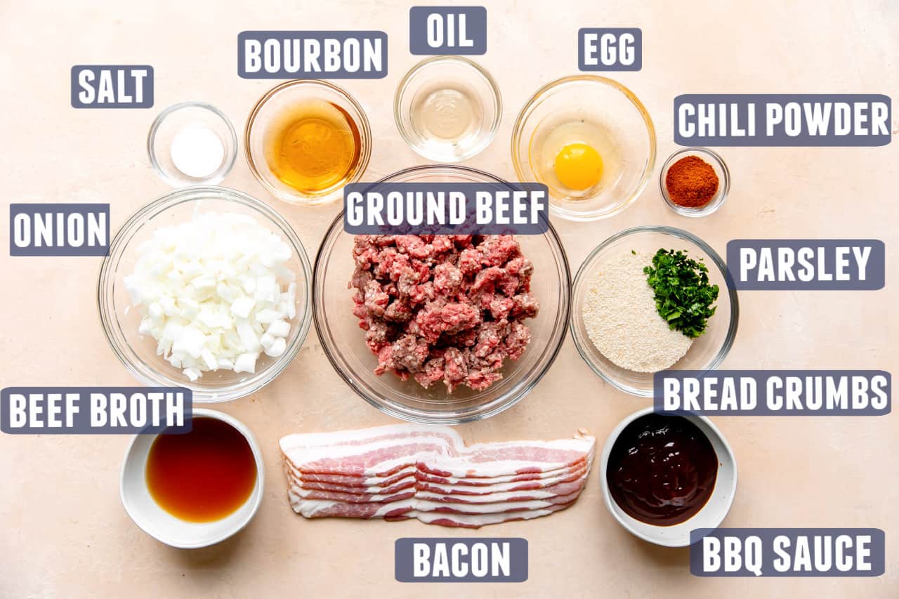 Ingredients needed to make bacon bourbon meatballs laid on the counter.