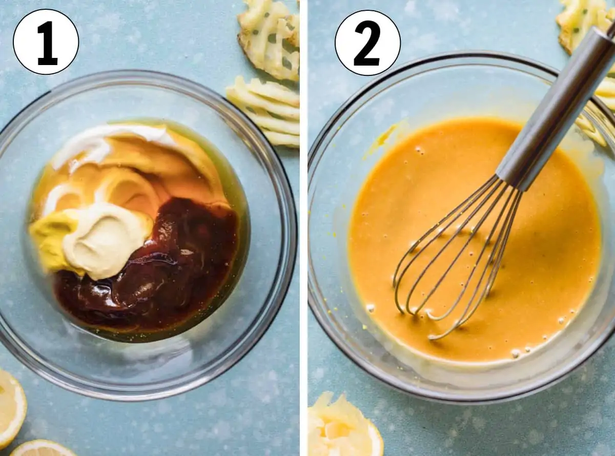 How to make homemade chick fil a sauce, showing ingredients in a glass bowl and then after being whisked together.