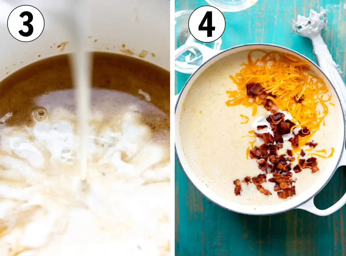 How to make potato soup, showing adding milk to the broth mixture, then soup after being blended.